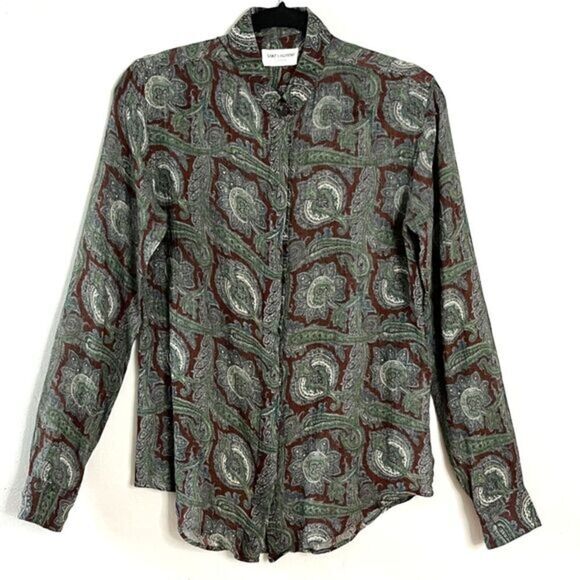 Saint Laurent‎ Long Sleeve Semi-Sheer Virgin Wool Blouse Paisley Green SMALL - Picture 1 of 15